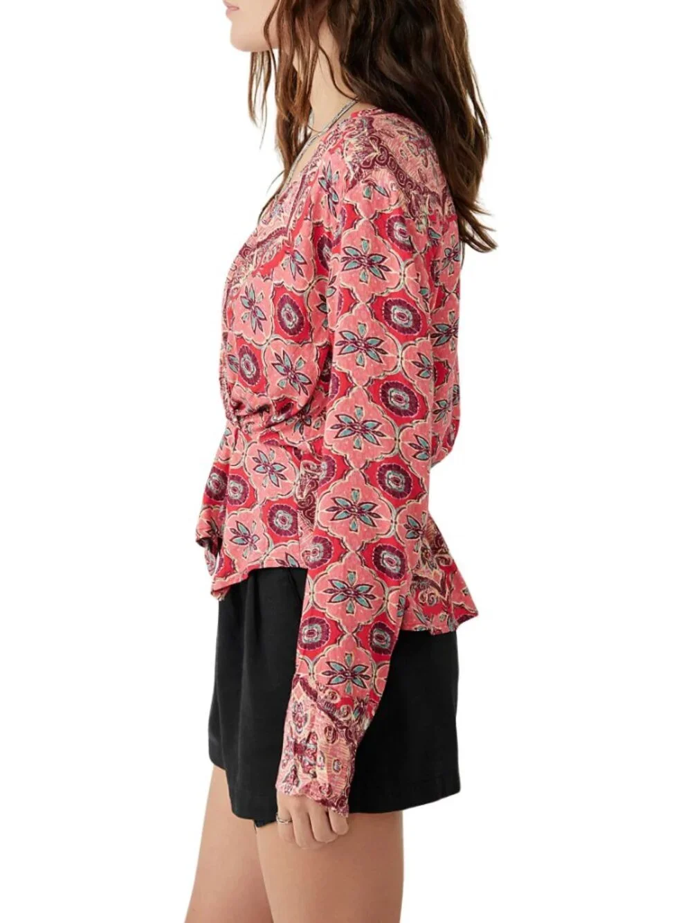 NEW Free People Falling For You Long Sleeve Surplice Top in Hibiscus Combo Sz. L